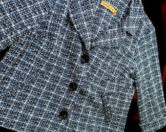 Vintage Notations Jacket Women M Blue Tweed Boucle Knit Blazer Plaid 3/4 Sleeve