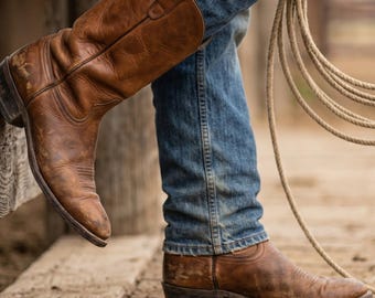 Acme cowboylaarzen heren 10 E bruin leer vintage western werk pull-on VS 9096