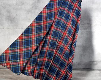 Vintage Sears Plaid Skirt Womens 26 Waist Blue Red Tartan Maxi A Line 2 XS 10