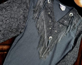 Vintage Sassa Shirt Women M Black Western Fringe Lace Top Conchos 90s Cowgirl