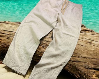 Vintage Tommy Bahama Pants Mens M Oatmeal 100% Linen Relaxed Drawstring Beach