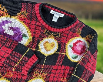 Vintage Paris Smith Sweater Ramie OSFA Heavy Knit Plaid Scotch Floral Boho