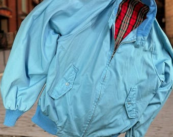 Vintage Sir Jac Jacket Mens 44 Blue Harrington Bomber Plaid Lined 1970s