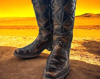 Vintage Durango Boots Men 10D Black Brown Leather Quilted 80s Cowboy Western VTG