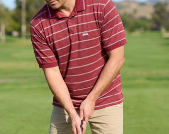 Vintage Le Tigre-poloshirt heren XL bordeaux gestreept gemaakt in de VS Dacronmix