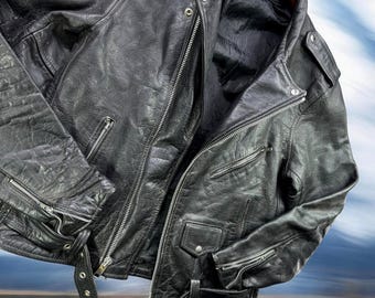 Vintage 80s Leather Biker Jacket Men 44T Black Belted Moto Punk Rock Heavy