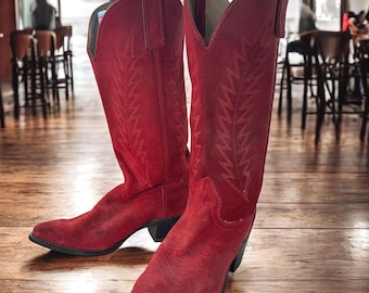 Vintage Texas Cowboy Boots Women 6.5M Red Suede Western Embroidered Cowgirl 80s