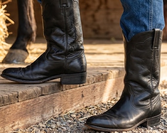 Vintage Acme cowboylaarzen heren zwart leren western trekkoord klassiek