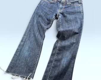 Vintage Red Engine Cropped Jeans Women 26 Blue Denim Raw Hem Stretch Mid Rise