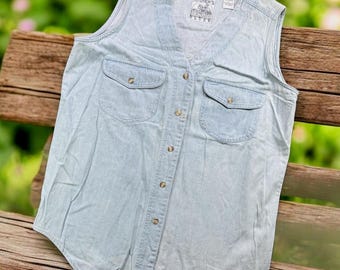 Vintage Andrew's Blues Shirt Women L Light Wash Denim Sleeveless Cowgirl Blouse