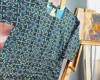 Vintage Rama Art Smock Shirt Women L Turquoise Mandala Cotton Tie Back Apron Top