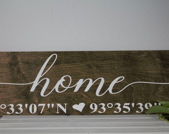 Home coordinates sign, home wood sign, GPS coordinates, latitude longitude sign, home buyer gift, house warming gift, young couple gift