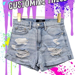 Woman's size 4 jean shorts with personalized custom art option: upcycled light wash distressed denim with cuffed hem