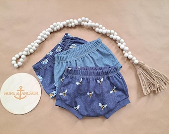 Organic Jean Bummies, Faux Jean Shorties, Bee Baby Clothes, Diaper cover, Gift for Newborn, Bummies for Toddlers,  Western baby clothes