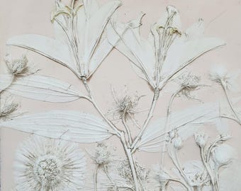 Plaster Botanical Bas Relief Artwork - Lily Light