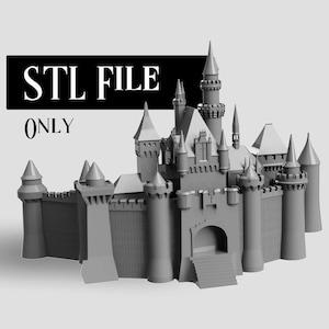 May include: A gray 3D printed model of a castle with a tall central tower and multiple smaller towers. The model is detailed with windows, doors, and a brick texture. The text "STL FILE ONLY" is displayed above the model.