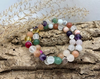 Wrap bracelet made of various gemstones with heart (also personalized possible)