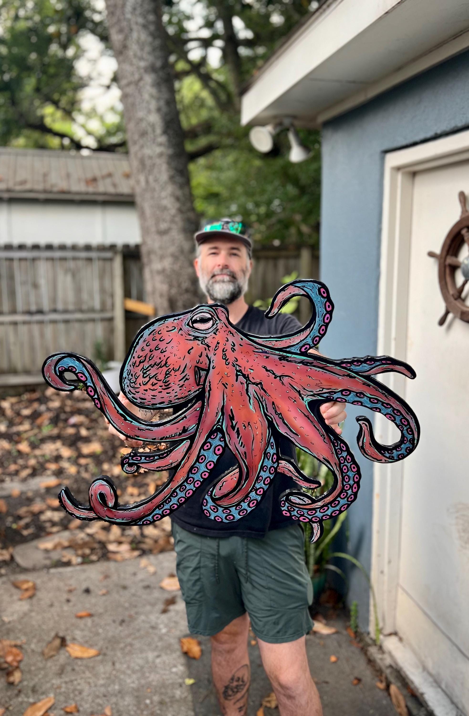 Epoxy Resin Octopus Wood Print: Beach House Wall Art