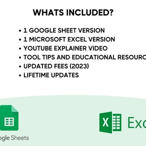 Puede incluir: Imagen que enumera el contenido de un producto digital. Incluye versiones de Google Sheets y Microsoft Excel, un v&iacute;deo explicativo de YouTube, consejos de herramientas, recursos educativos, tarifas actualizadas para 2023 y actualizaciones de por vida. Tambi&eacute;n se muestran los logotipos de Google Sheets y Excel.