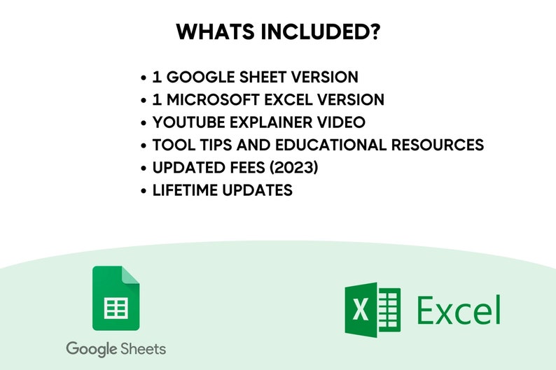 Puede incluir: Imagen que enumera el contenido de un producto digital. Incluye versiones de Google Sheets y Microsoft Excel, un v&iacute;deo explicativo de YouTube, consejos de herramientas, recursos educativos, tarifas actualizadas para 2023 y actualizaciones de por vida. Tambi&eacute;n se muestran los logotipos de Google Sheets y Excel.