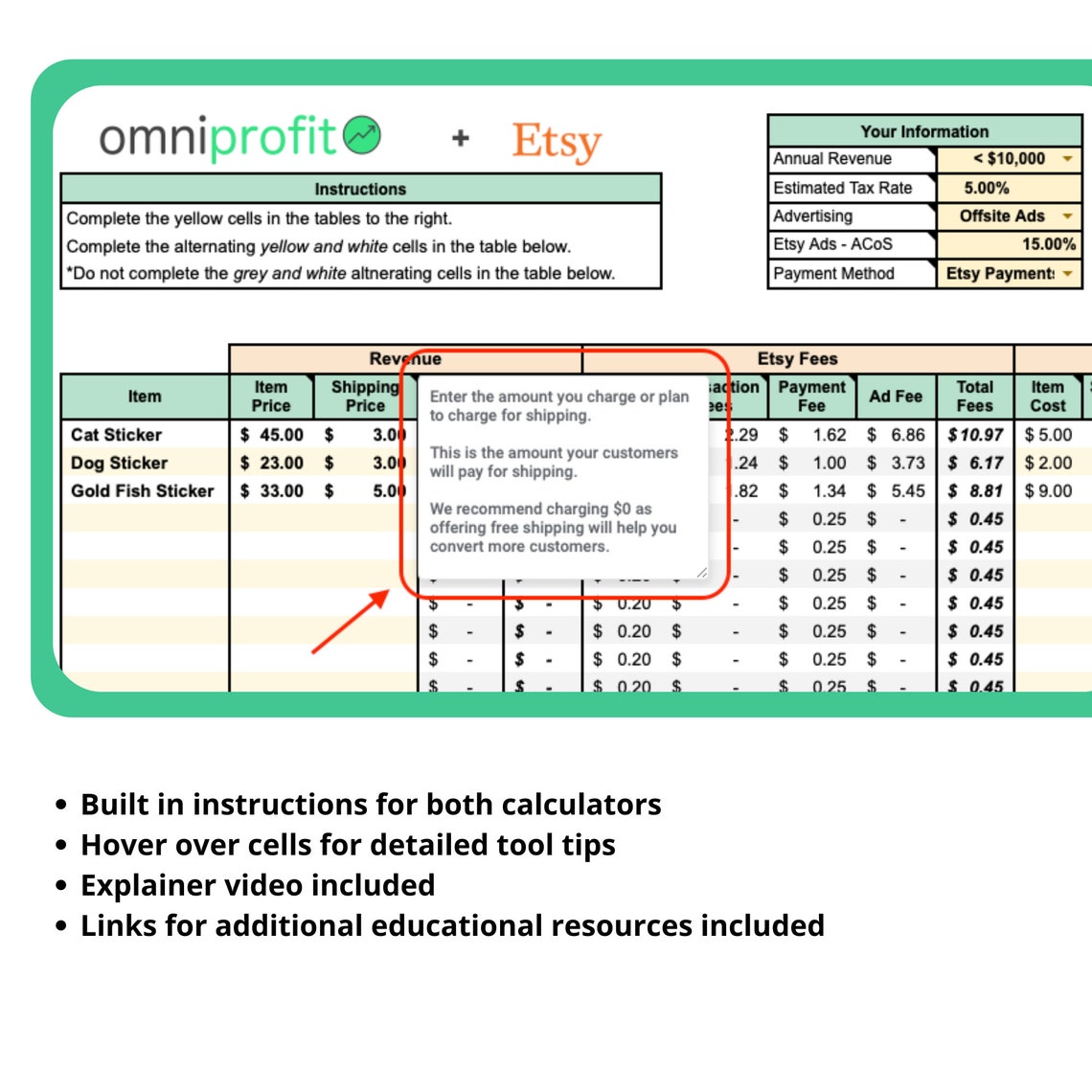 Etsy Fee and Profit Calculator for Excel & Google Sheets Etsy