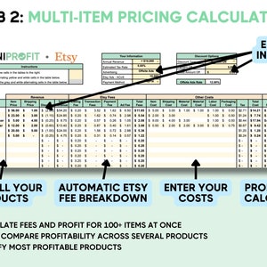 Puede incluir: Una hoja de c&aacute;lculo titulada "TAB 2: CALCULADORA DE PRECIOS MULTI-ART&Iacute;CULOS" con el logotipo de OMNIPROFIT + Etsy. La calculadora incluye secciones para ingresos, tarifas de Etsy, otros costos y ganancias. Las indicaciones de texto gu&iacute;an a los usuarios para ingresar informaci&oacute;n, productos y costos. El texto inferior indica que la calculadora puede calcular tarifas y ganancias para m&aacute;s de 100 art&iacute;culos.