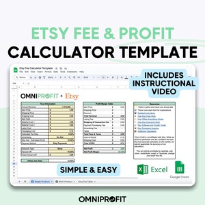 Etsy Fee and Profit Calculator | Product Pricing Template | Excel Spreadsheet & Google Sheets | Calculates Fees and Profit Automatically