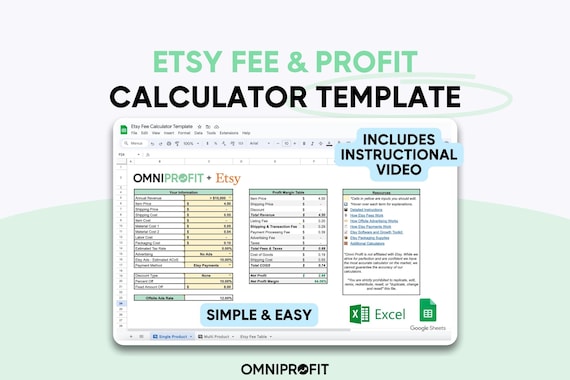 Etsy Fee and Profit Calculator | Product Pricing Template | Excel Spreadsheet & Google Sheets | Calculates Fees and Profit Automatically