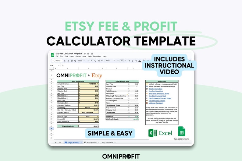 Etsy fee and profit pricing calculator spreadsheet