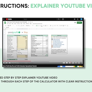 Puede incluir: Captura de pantalla de un v&iacute;deo de YouTube que muestra una plantilla de Excel de calculadora de tarifas y beneficios de Etsy. El v&iacute;deo incluye instrucciones paso a paso y explica cada paso de la calculadora. El texto en la pantalla dice "omniprofit Etsy".