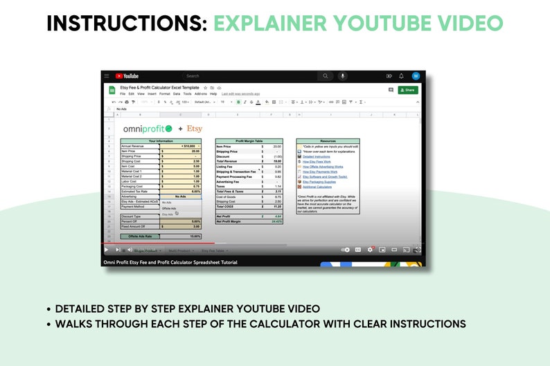 Puede incluir: Captura de pantalla de un v&iacute;deo de YouTube que muestra una plantilla de Excel de calculadora de tarifas y beneficios de Etsy. El v&iacute;deo incluye instrucciones paso a paso y explica cada paso de la calculadora. El texto en la pantalla dice "omniprofit Etsy".