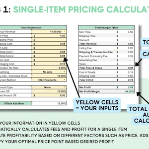 Puede incluir: Una hoja de c&aacute;lculo titulada "TAB 1: SINGLE-ITEM PRICING CALCULATOR" con campos de entrada y tablas de margen de beneficio. La calculadora calcula autom&aacute;ticamente las tarifas y las ganancias. El texto "YELLOW CELLS = YOUR INPUTS" es visible. Ayuda a identificar precios &oacute;ptimos.