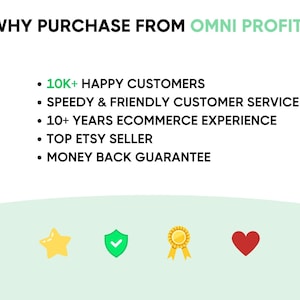 Puede incluir: Imagen con el texto "WHY PURCHASE FROM OMNI PROFIT?" y vi&ntilde;etas: "10K+ HAPPY CUSTOMERS", "SPEEDY & FRIENDLY CUSTOMER SERVICE", "10+ YEARS ECOMMERCE EXPERIENCE", "TOP ETSY SELLER" y "MONEY BACK GUARANTEE".