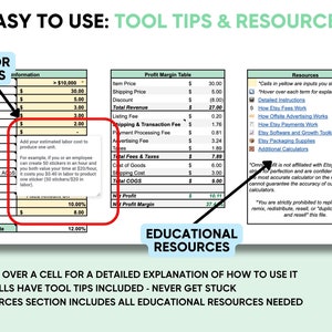 Puede incluir: Una hoja de c&aacute;lculo con datos financieros y recursos educativos. El texto incluye "Easy to Use: Tool Tips & Resources" y "Hover for Tool Tips". La hoja de c&aacute;lculo tiene secciones para el precio del art&iacute;culo, el env&iacute;o y el margen de beneficio.