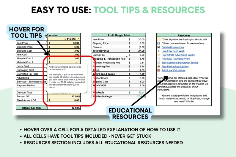 Puede incluir: Una hoja de c&aacute;lculo con datos financieros y recursos educativos. El texto incluye "Easy to Use: Tool Tips & Resources" y "Hover for Tool Tips". La hoja de c&aacute;lculo tiene secciones para el precio del art&iacute;culo, el env&iacute;o y el margen de beneficio.