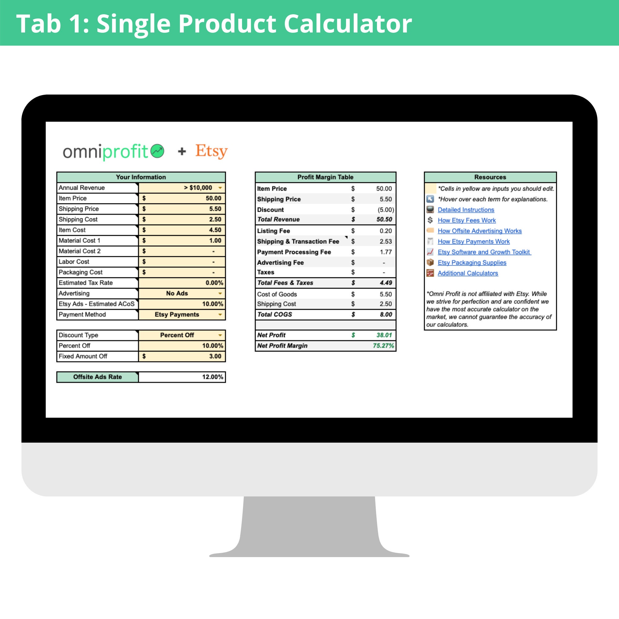 Etsy Fee and Profit Calculator for Excel & Google Sheets Etsy