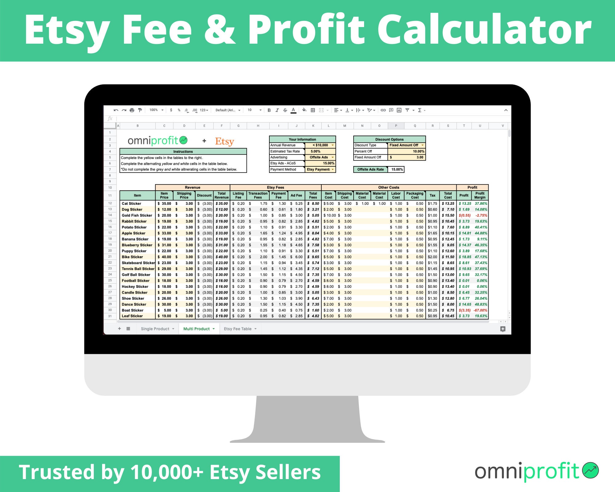Etsy Fee and Profit Calculator for Excel & Google Sheets Etsy