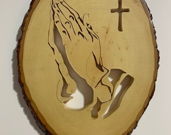 Praying Hands / Cross / Scroll Saw Plaque / Basswood Live Edge