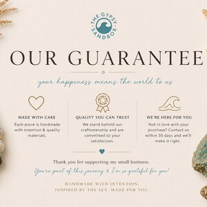 May include: Cream-colored graphic with text "OUR GUARANTEE" and "your happiness means the world to us." Includes a handmade bracelet, starfish, seashell, and turquoise stone. Text states the shop's commitment to quality and customer satisfaction.