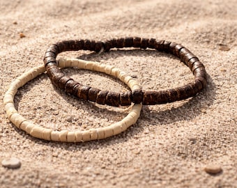 Coconut Wood Bead Bracelet, Unisex Waterproof Jewelry, Surfer Boho Summer Jewelry Gift, Stackable Set