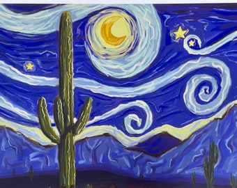 Starry Desert / Cactus Art Print al estilo Van Gogh