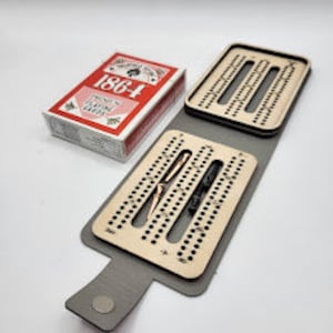 Travel Cribbage Board, Board Game, Pocket Folding Leatherette and Wood Cribbage, Personalized Cover, Cribbage Game, Made in USA, Maine Made