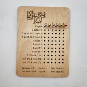 Phase 10 Scoreboard, Laser Engraved Wooden Phase 10 Scorecard, Reusable Game Night Score Keeper, Phase 10 Gift, Board Game, Game Night