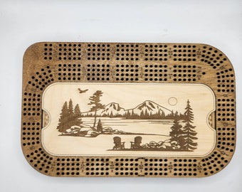 Rectangle Cribbage Board With Storage, Family Game Night, Made In Maine, Cribbage Game, Mountain Scene, Cribbage Board With Cards and Pegs