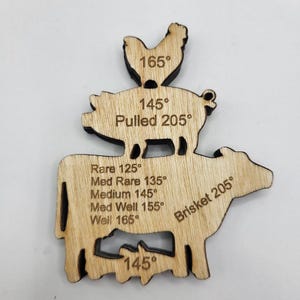 May include: Wooden meat temperature guide with chicken, pig, and cow silhouettes. It displays temperatures for cooking various meats, including brisket and pulled pork, and different levels of doneness, with temperatures in Fahrenheit.