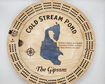 Laser Engraved Round Cribbage Board: Maine Birch Family Game