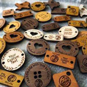 50 Product Tags, Wooden Clothing Labels, Sew on Tags, Personalized Wood Tags for Knitting, Branding Buttons, Handmade Label, Wood Buttons