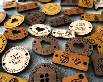 50 Product Tags, Wooden Clothing Labels, Sew on Tags, Personalized Wood Tags for Knitting, Branding Buttons, Handmade Label, Wood Buttons