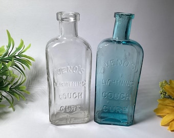 Veno’s Lightning cough Cure glass bottles aqua and clear, 1910s