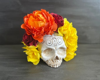 Flower Crown - Orange peony w/ red and yellow roses (Black headband, Dia de los Muertos, Festival, Wedding)